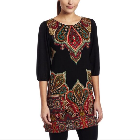 Cha Cha Vente Paisley Casual Chic Boho Mini Dress Black Multi-Colored Medium - Picture 1 of 9